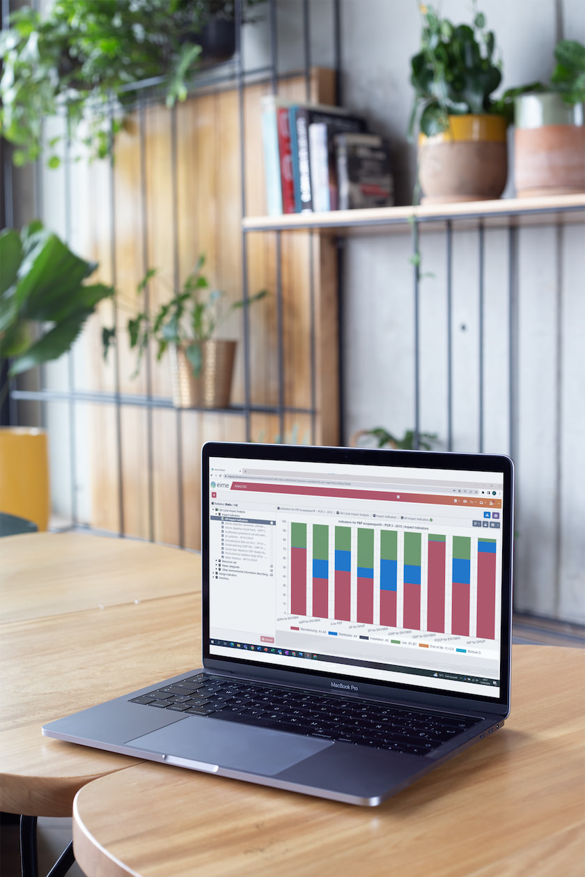 Photographie d'un ordinateur portable (MacBook) dans un environnement de bureau avec des plantes
vertes sur des étagères. L'écran d'ordinateur montre une page web présentant un graphique en barres.
