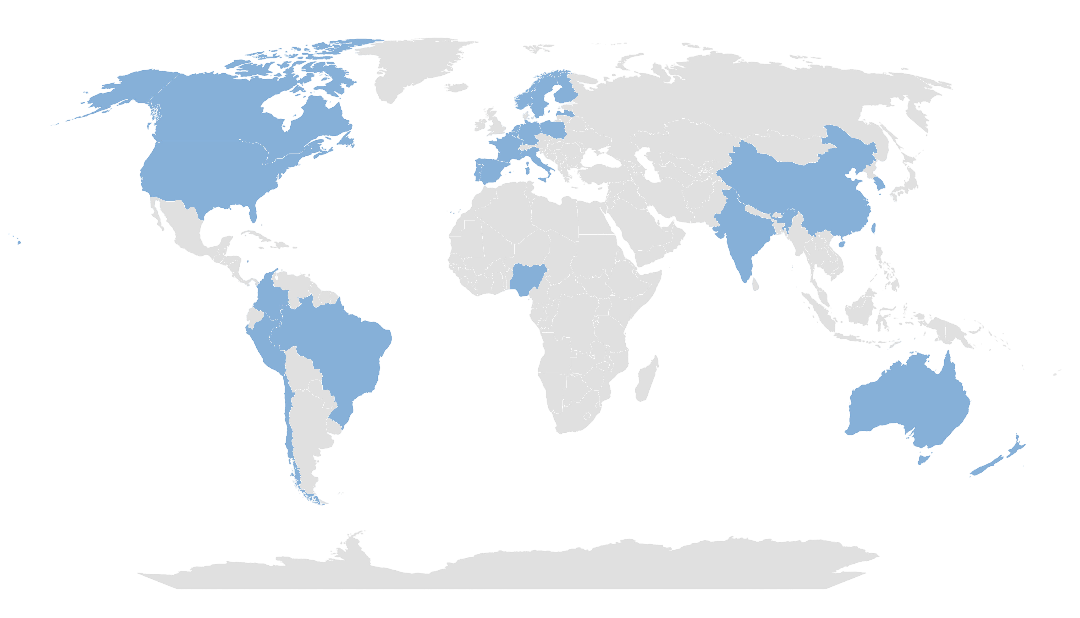 Carte du monde sur laquelle les zones coloriées correspondent aux pays des clients et partenaire du logiciel ACV
EIME. Sont coloriés 27 pays: France, Belgique, Espagne, Allemagne, Inde, Portugal, Italie, Brésil, Etats-Unis,
Australie, Nouvelle-Zélande, Colombie, Canada, Chili, Perou, Corée du sud, Lettonie, Pays-Bas, Finlande, Pologne,
Nigéria, Norvège, Suède, Singapour, Taiwan, Hong Kong et Chine.
