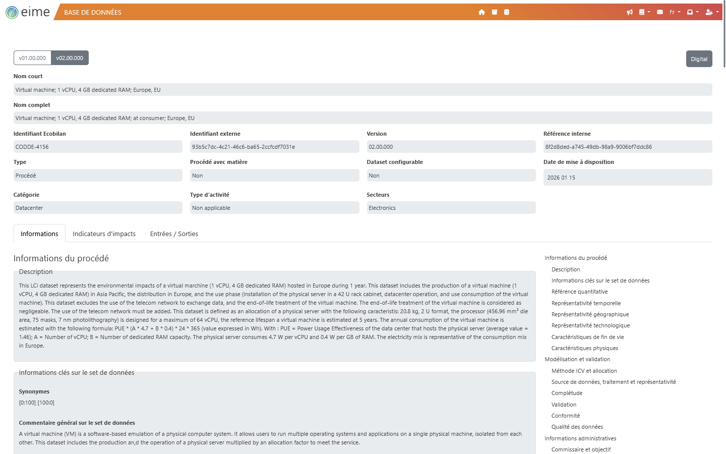 EIME logiciel ACV documentation bases de donnees
