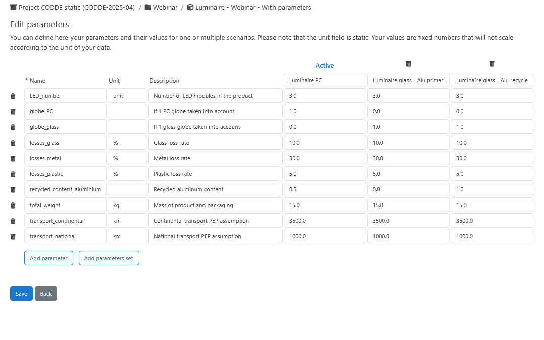 EIME LCA software parameters feature
