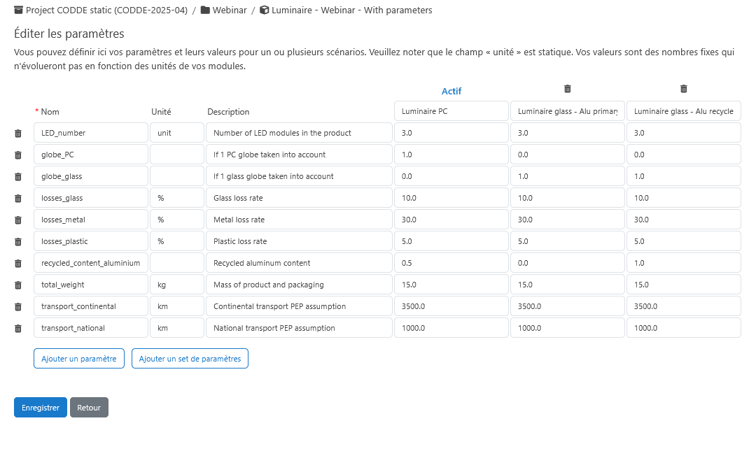 EIME logiciel ACV fonctionnalite variables