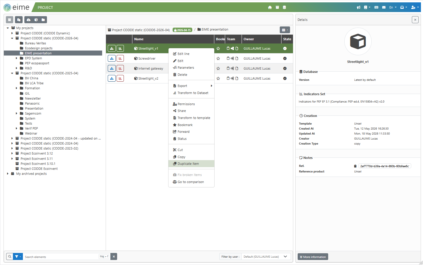 EIME LCA software ecodesign feature